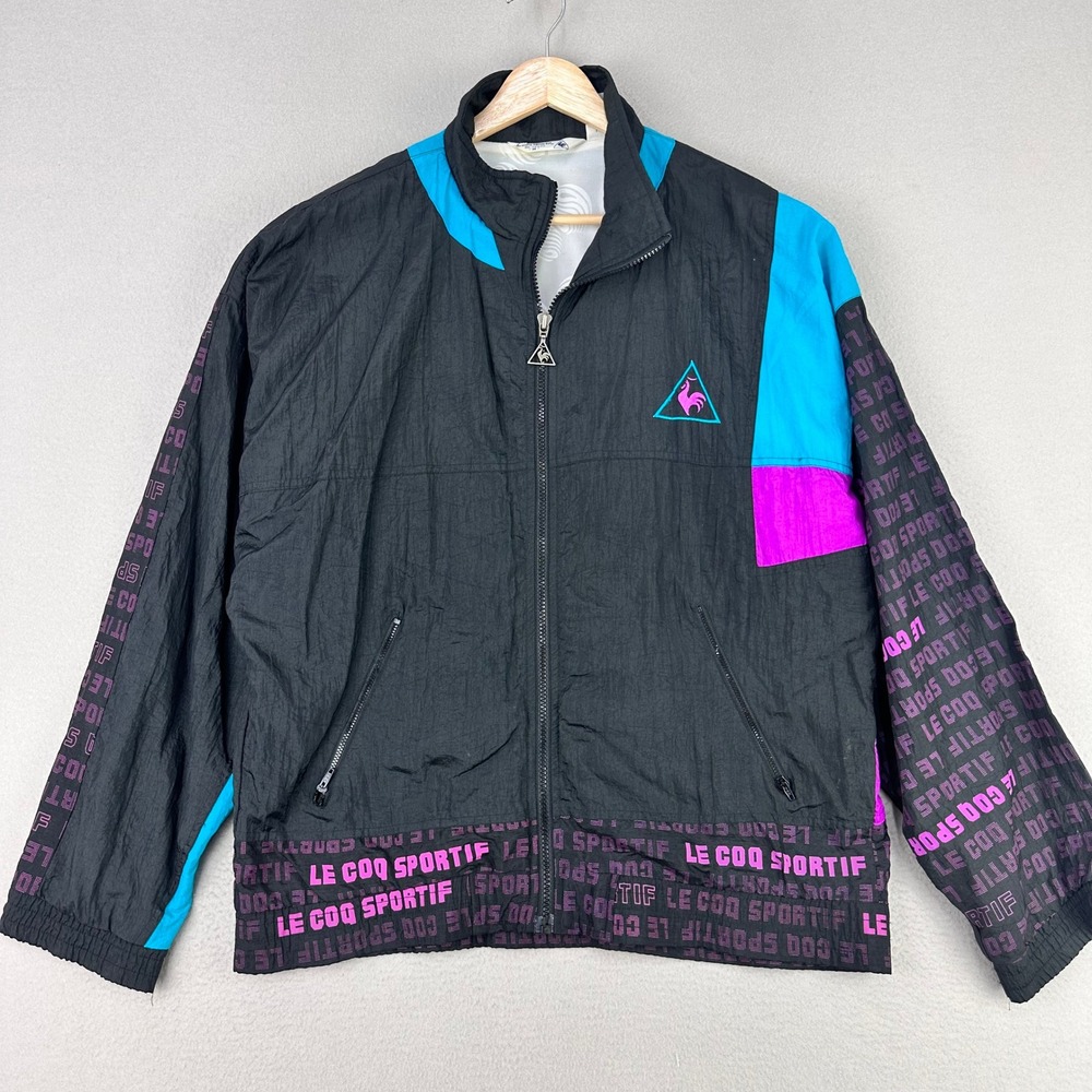 VTG 80s Le Coq Sportif Windbreaker Jacket Mens Medium Black Nylon Full-Zip Retro